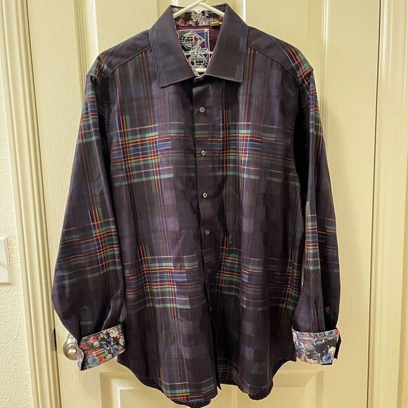 Robert Graham Rainbow Plaid Classic Fit Button Up Shirt Floral Contrast Cuffs XL - Picture 10 of 14
